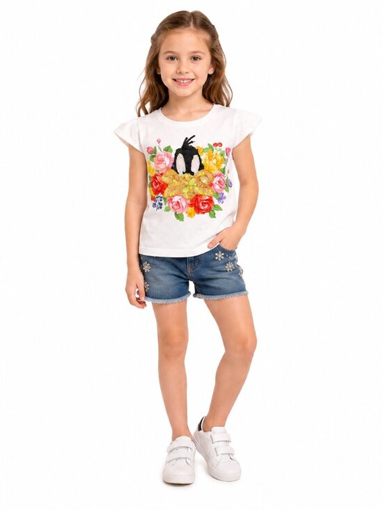 MonnaLisa Other - Monnalisa Girls White Floral Sequin T-Shirt Size 6Y